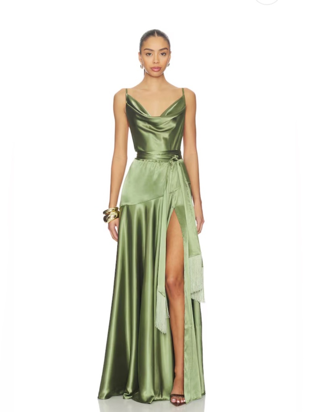 NEW Bronx Banco Leo Sage Maxi Dress,  Olive Green Satin Cowl Neck Evening Gown